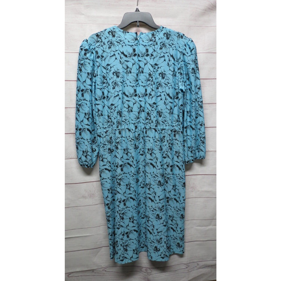 Vintage Warell Blue & Black Floral Dress with Belt Size 14 P Pleated Top - Picture 6 of 11